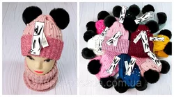 91012. Комплект зимовий фліс для дівчинки шапка з завязками иі баф "ПАНДА" , різні кольори(1-5 років)