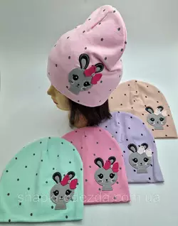 Шапка двойная для девочки вышивка-аппликация "Кролик с бантом" shapki-odezda.com.ua, 2-8 лет, разные цвета