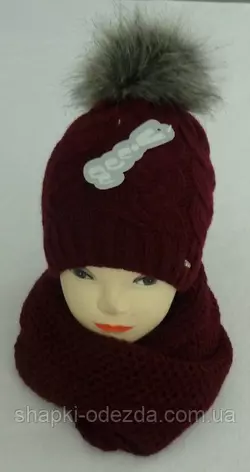 Шапка вязаная + шарф-хомут для девочки  на полном флисе зима Цвета ограничены