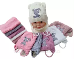 91020 Комплект зимовий Фліс для дівчинки шапка із зав'язками та баф Зайчик"різні кольори (6 місяців до 3 років