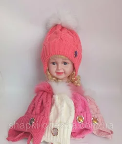 Детская шапка на флисе для девочки с натуральным мехом р 46-50